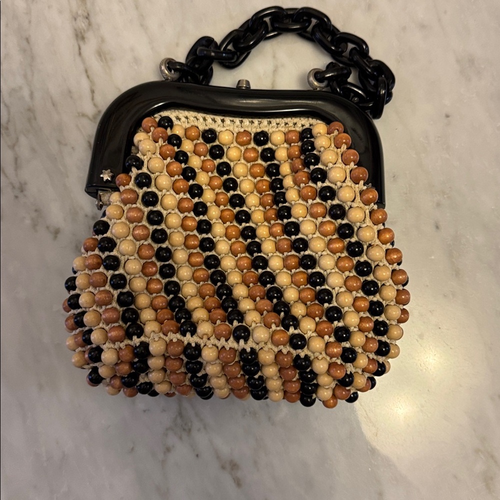 This is a designer Beaded Small Handbag in Black, Brown & Cream